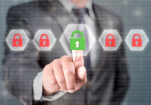 business man unlocking virtual padlock