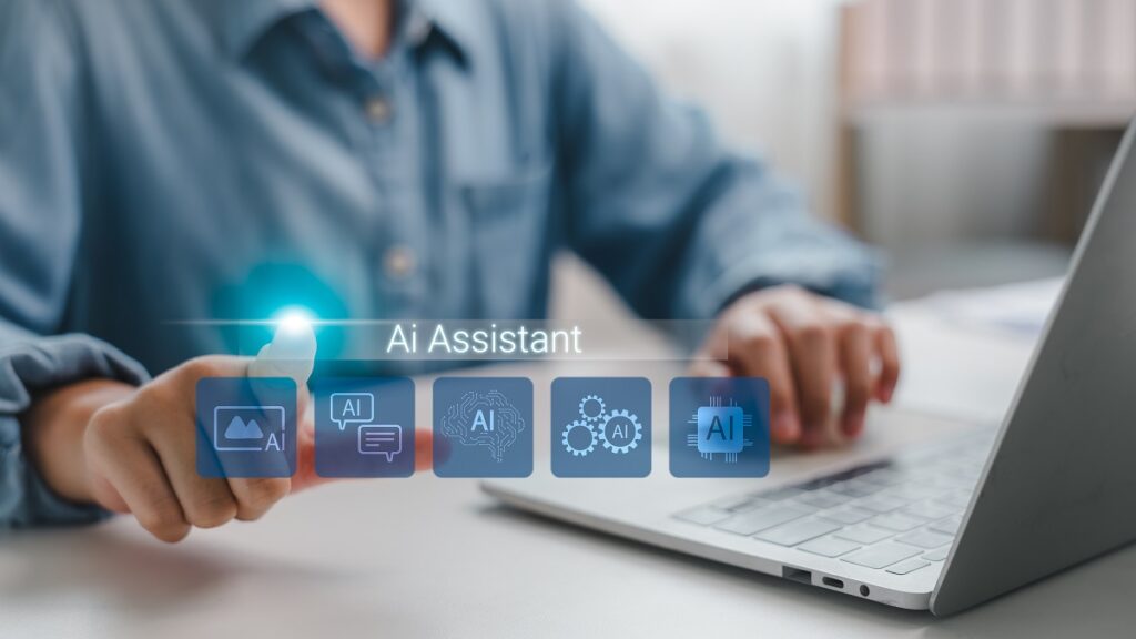 Person,Using,Ai,Assistant,Interface,On,Laptop,With,Digital,Icons,